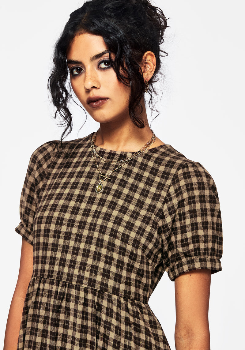 Terra Cotton Check Smock Midaxi Dress - Brown