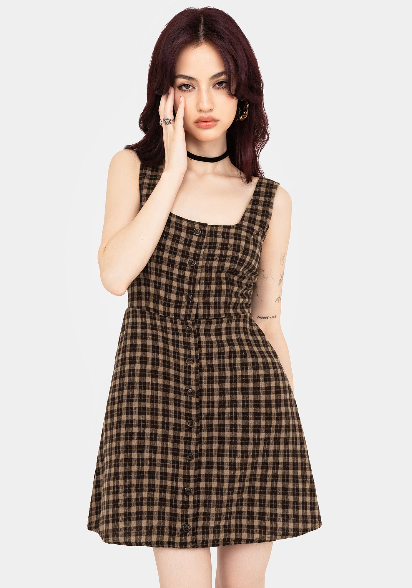 brown midi dress casual Arianwyn Mini Dress | Brown Check | Womens main image 0