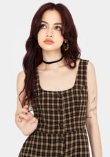 Terra Cotton Check Sleeveless Button Up Mini Dress - Brown