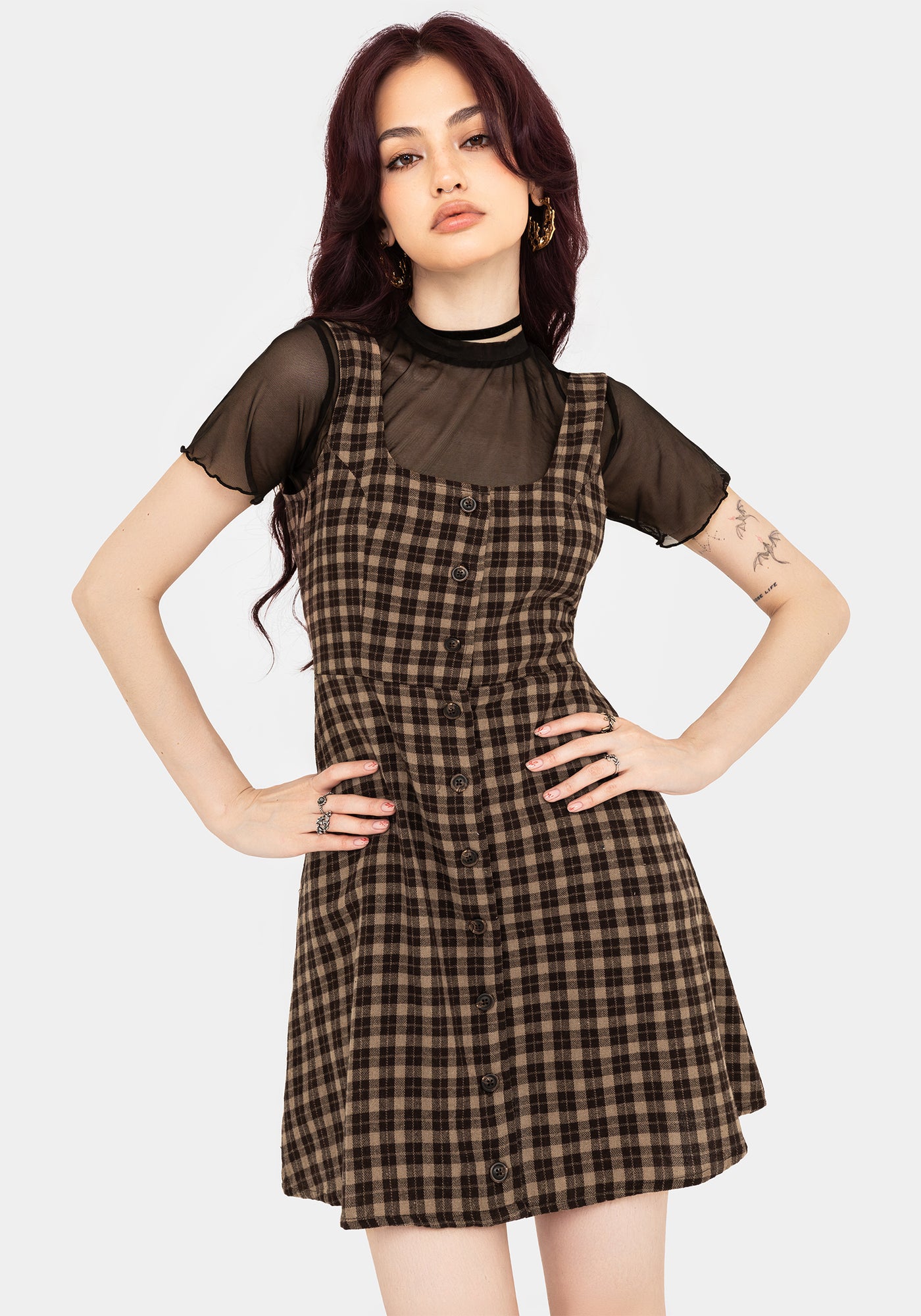 Terra Cotton Check Sleeveless Button Up Mini Dress - Brown – Disturbia