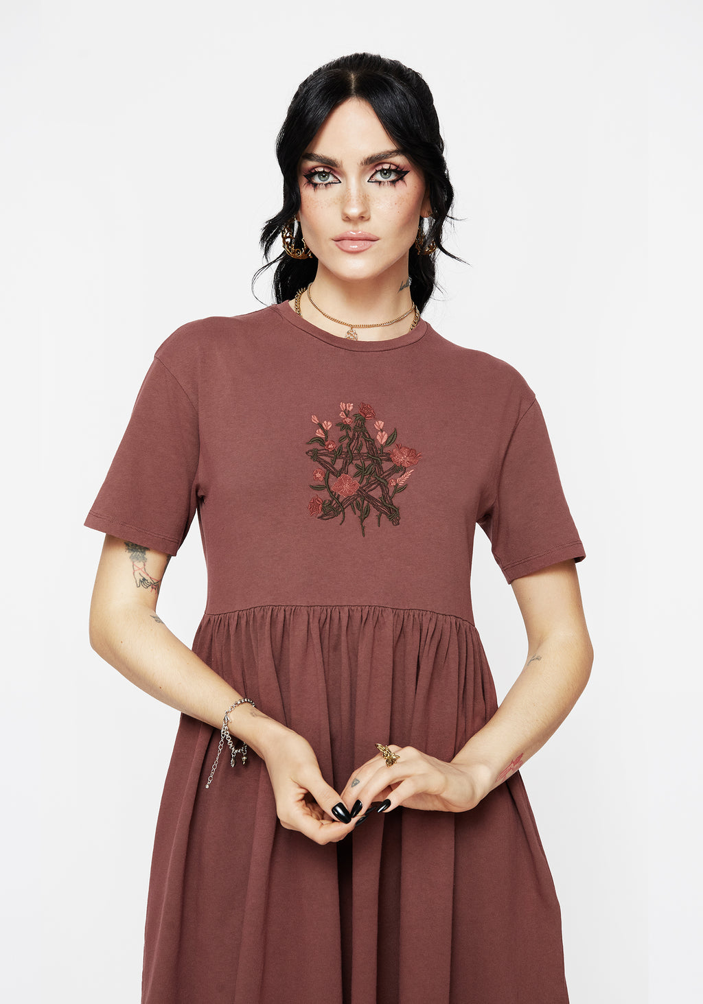 Aster Cotton Pentagram Embroidered Mini Skater Dress – Disturbia