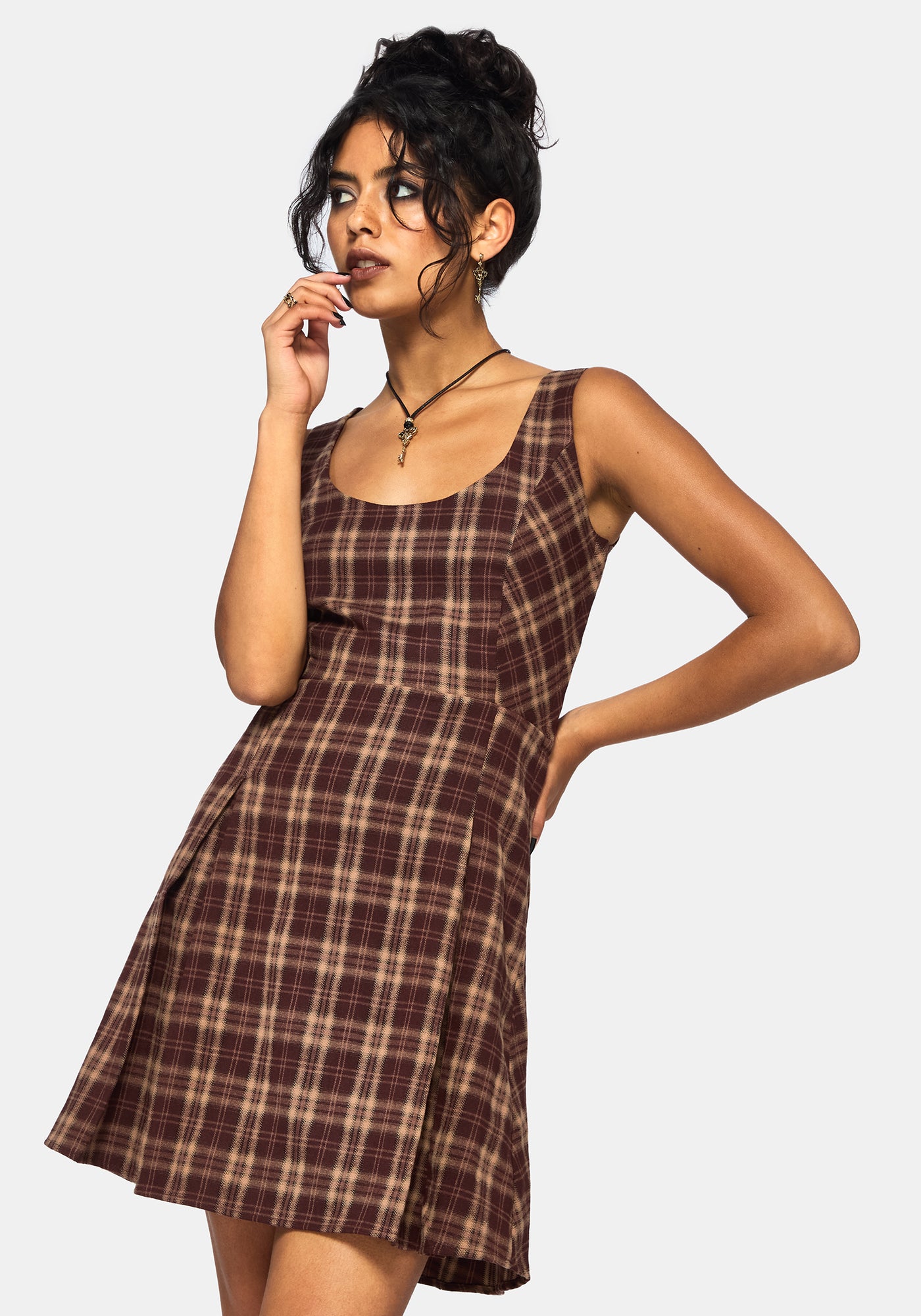 princess polly baby blue dress PixieGirl Petite Women's Brown Gingham Tie Side Pinafore Dress main image 0
