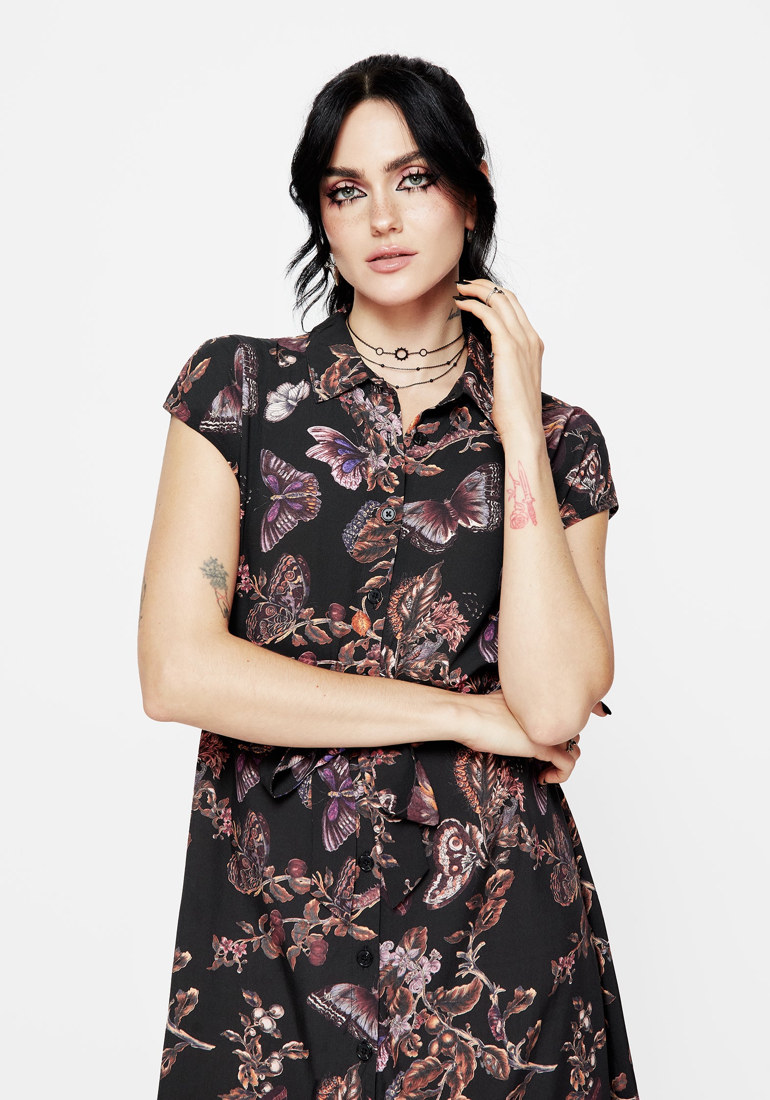 Eloise Floral Butterfly Print Button Up Midi Dress