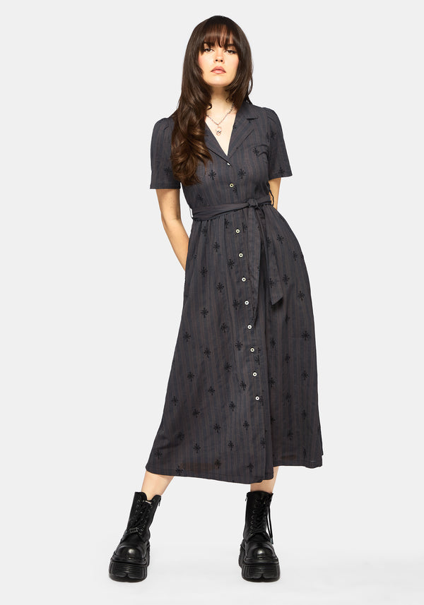 Diana Cotton Blend Stripe Cross Embroidered Midaxi Shirt Dress