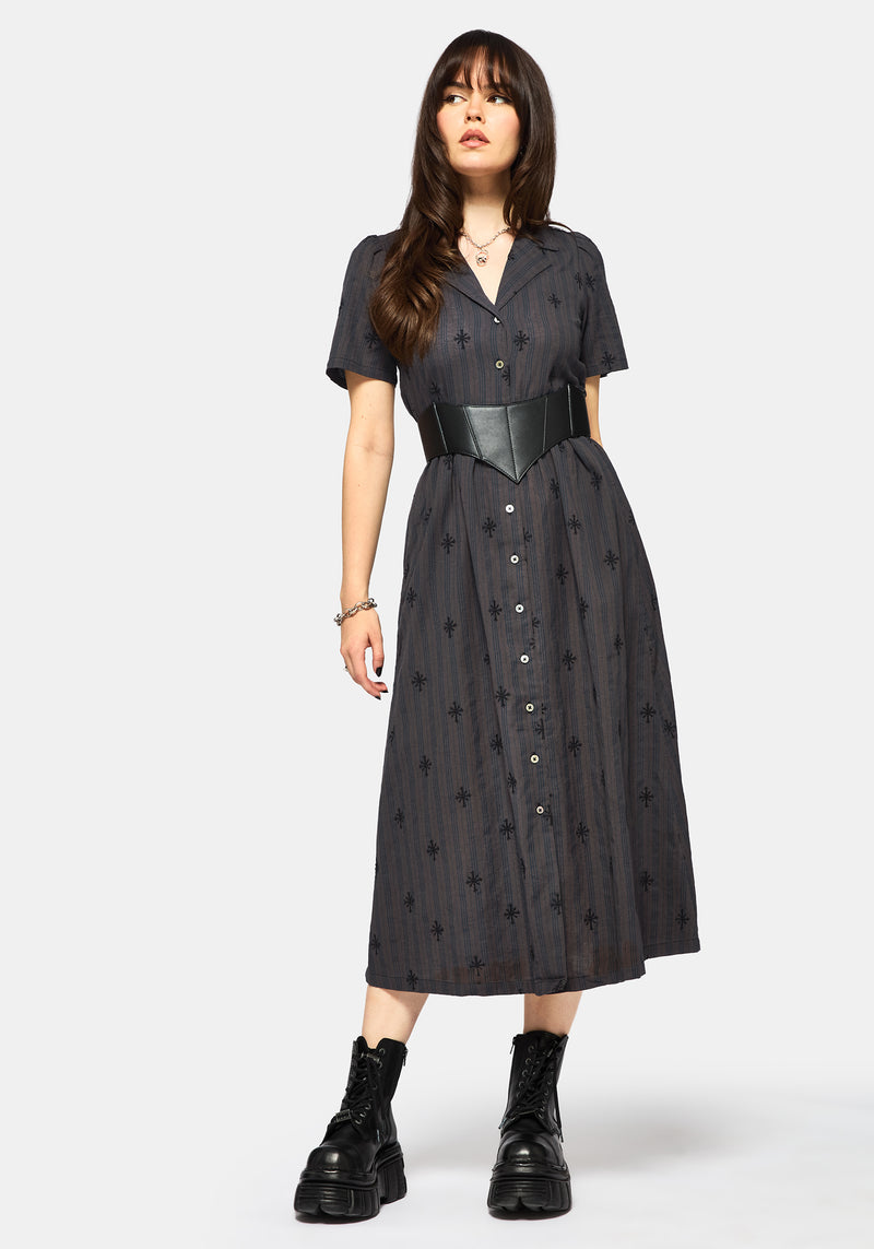 Diana Cotton Blend Stripe Cross Embroidered Midaxi Shirt Dress