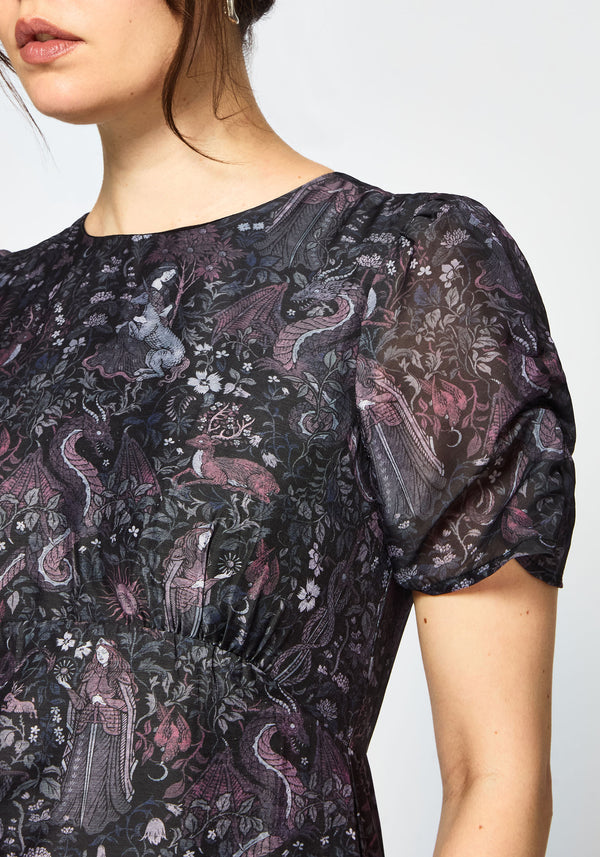 Haunt Medieval Print Chiffon Maxi Dress