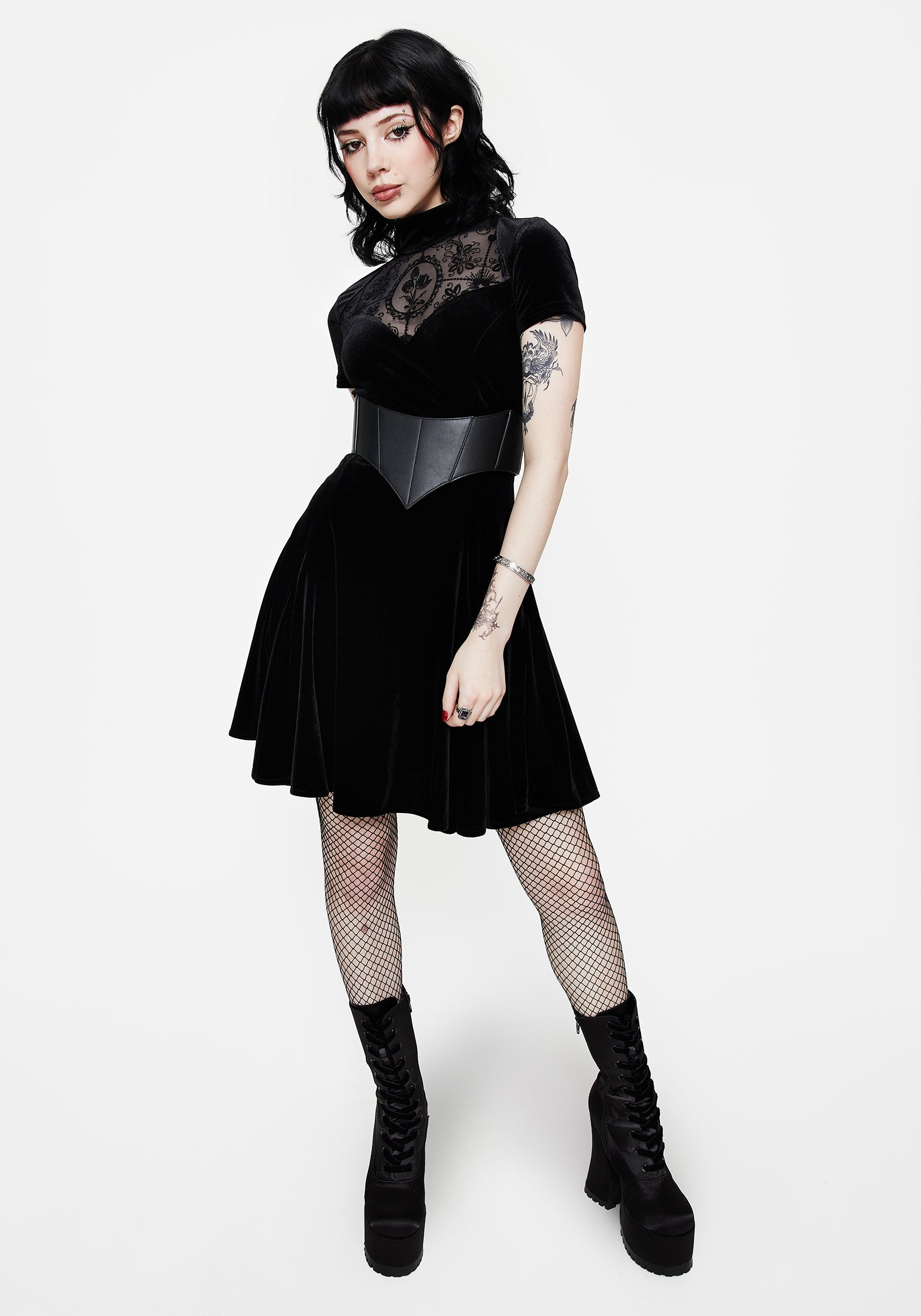 Cameo High Neck Flocked Mesh Insert Skater Mini Dress