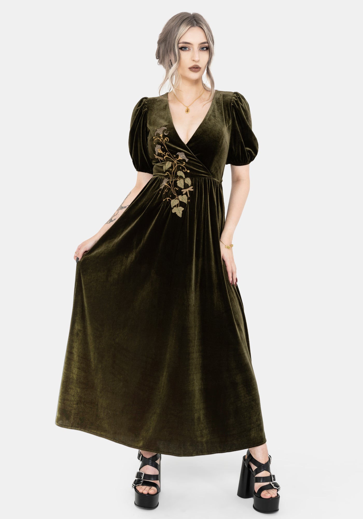 Noura Floral Dragonfly Embroidered Puffball Sleeve Velour Midaxi