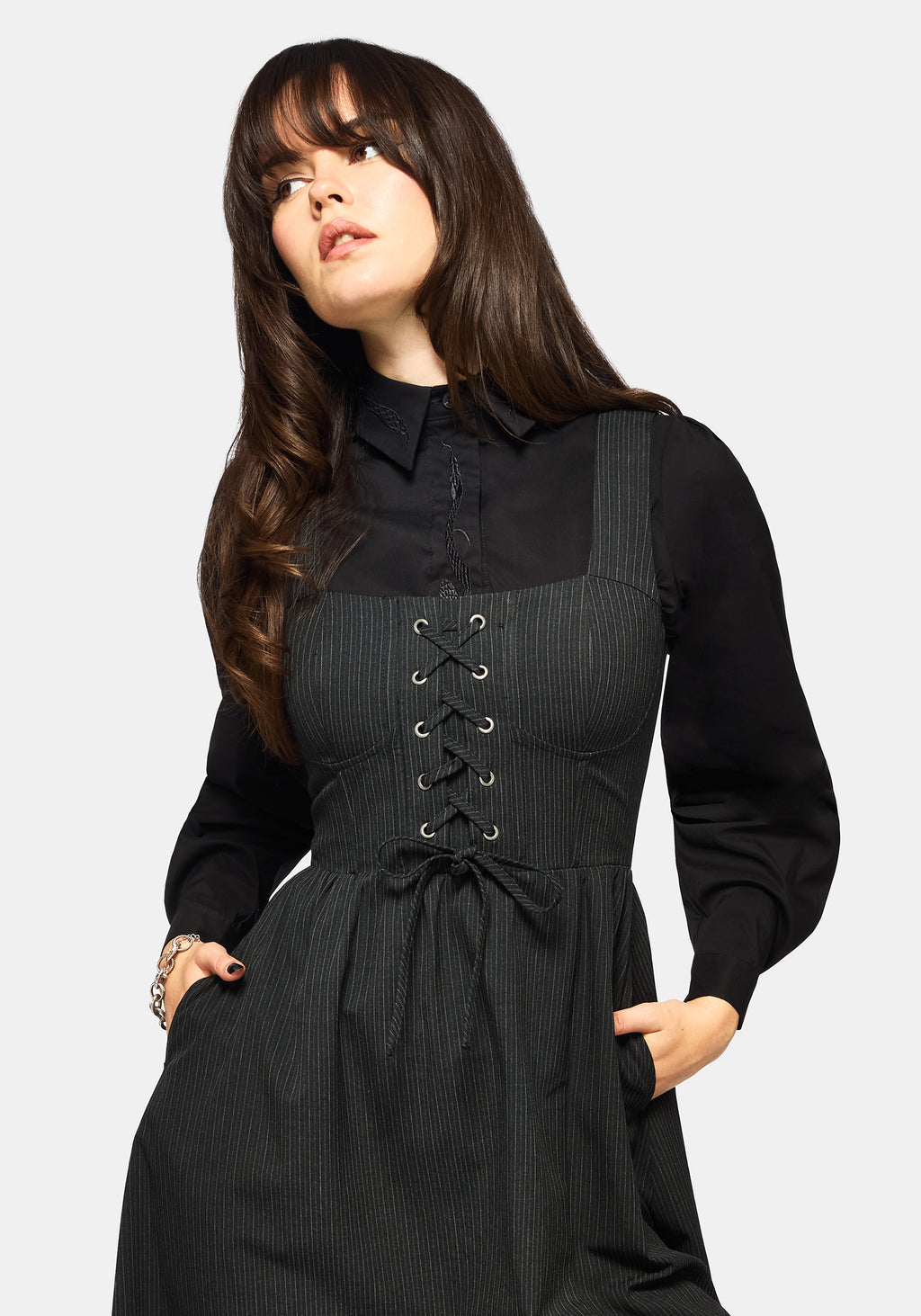 Gloom Lace Up Front Corset Detail Pinstripe Midi Dress – Disturbia