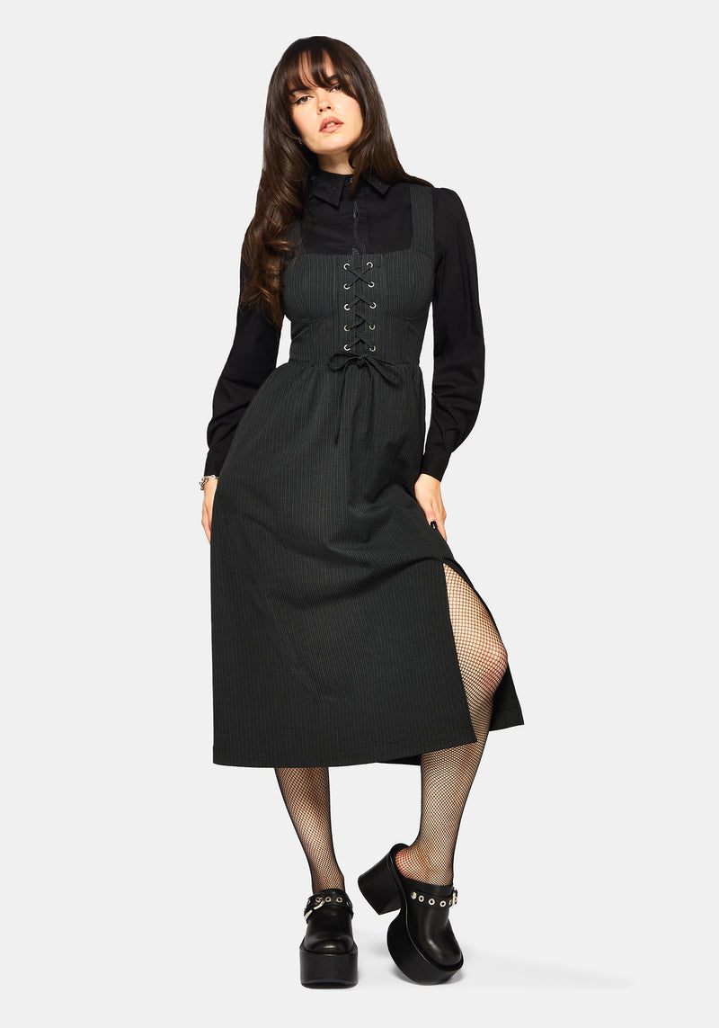 Gloom Lace Up Front Corset Detail Pinstripe Midi Dress