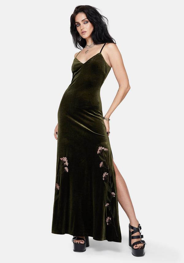 Virosa Floral Embroidered Velour Gown - Green
