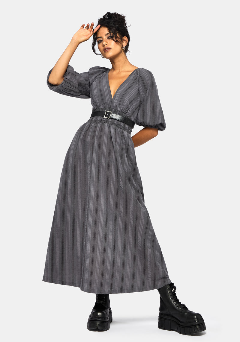 Grove Cotton Stripe Long Sleeve Shirred Tie Back Midaxi Dress