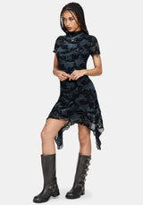 Bryn Floral Flocked Mesh Hanky Hem Mini Dress