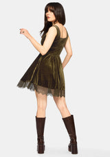 Orbweb Lace Hem Velour Mini Dress - Dark Green