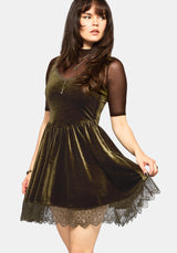 Orbweb Lace Hem Velour Mini Dress - Dark Green