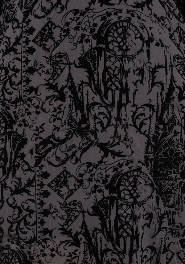 Thorned Flocked Chiffon Castle Print Frill Neck Maxi Dress