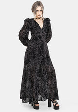 Thorned Flocked Chiffon Castle Print Frill Neck Maxi Dress