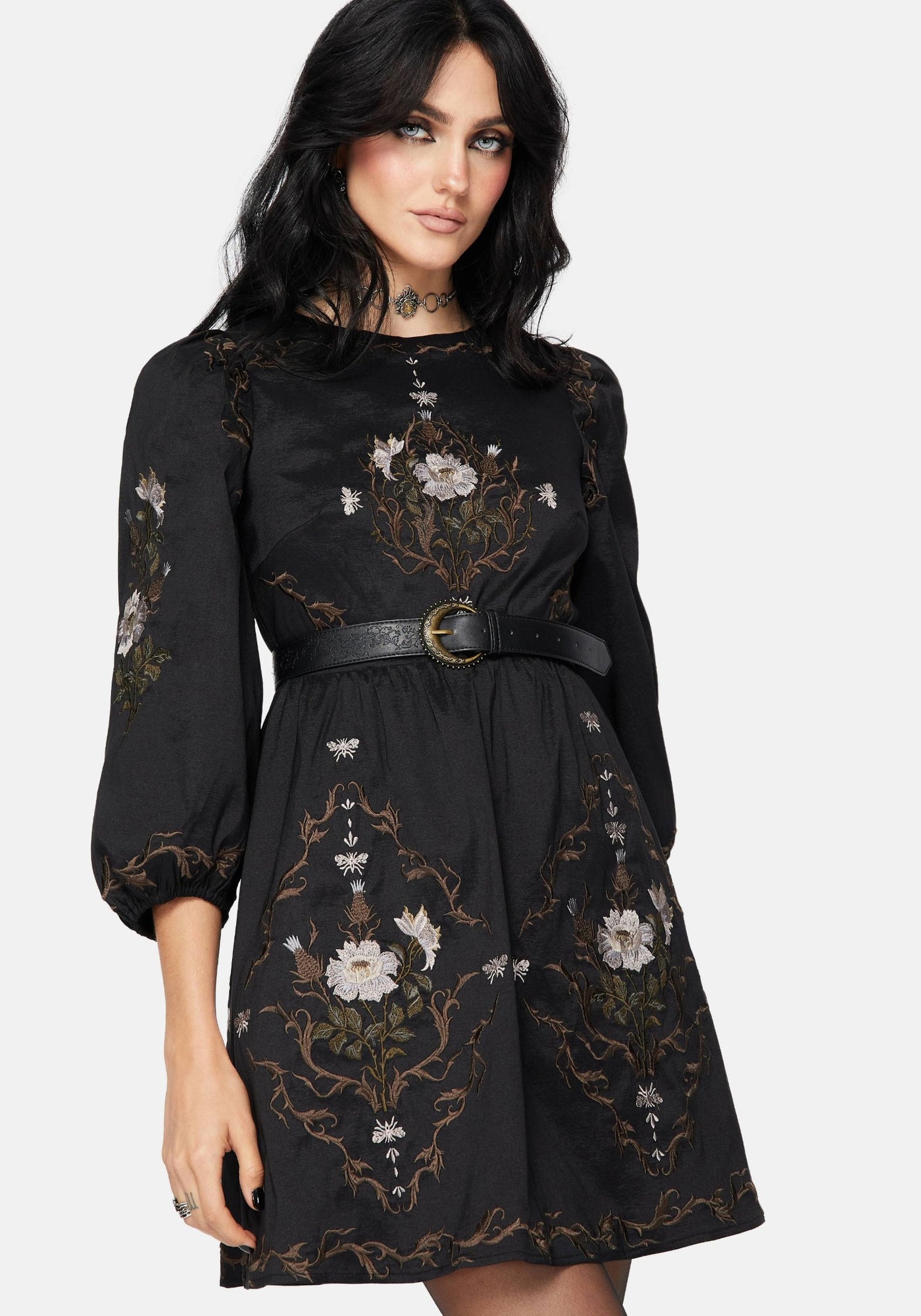 Vine Floral Embroidered Long Sleeve Mini Dress Disturbia Vine Floral Embroidered Long Sleeve Mini Dress Disturbia