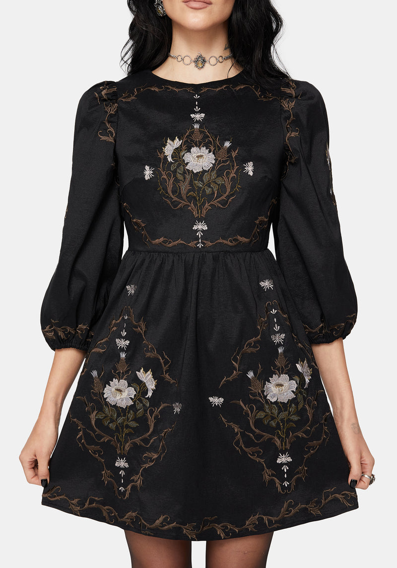 Vine Floral Embroidered Long Sleeve Mini Dress