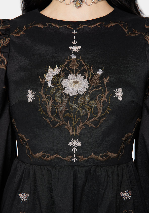 Vine Floral Embroidered Long Sleeve Mini Dress