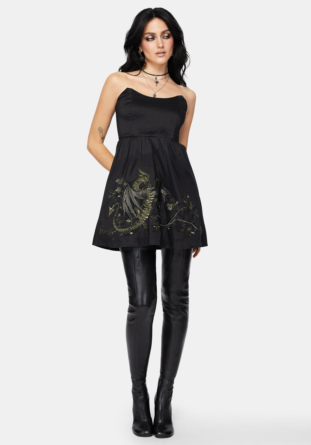 Leather Gathered Dress - Black | Manière De Voir Leather Gathered Dress - Black | Manière De Voir