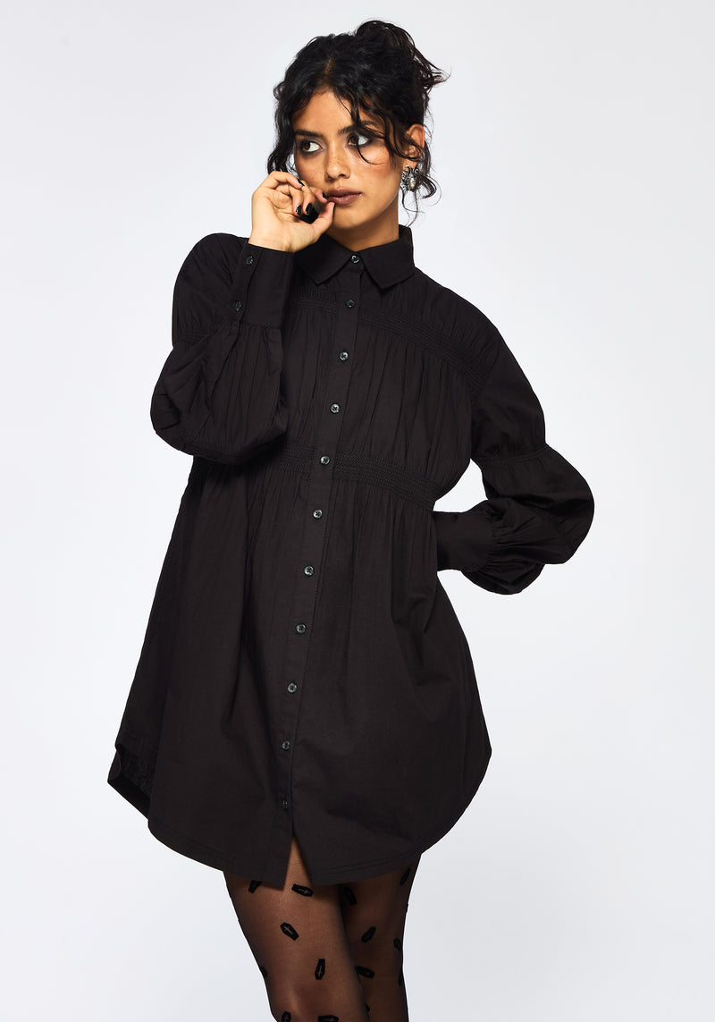 Incantation Cotton Blend Smocked Mini Shirt Dress