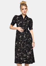 Crimson Magpie and Moth Print Midi Shirt Dress