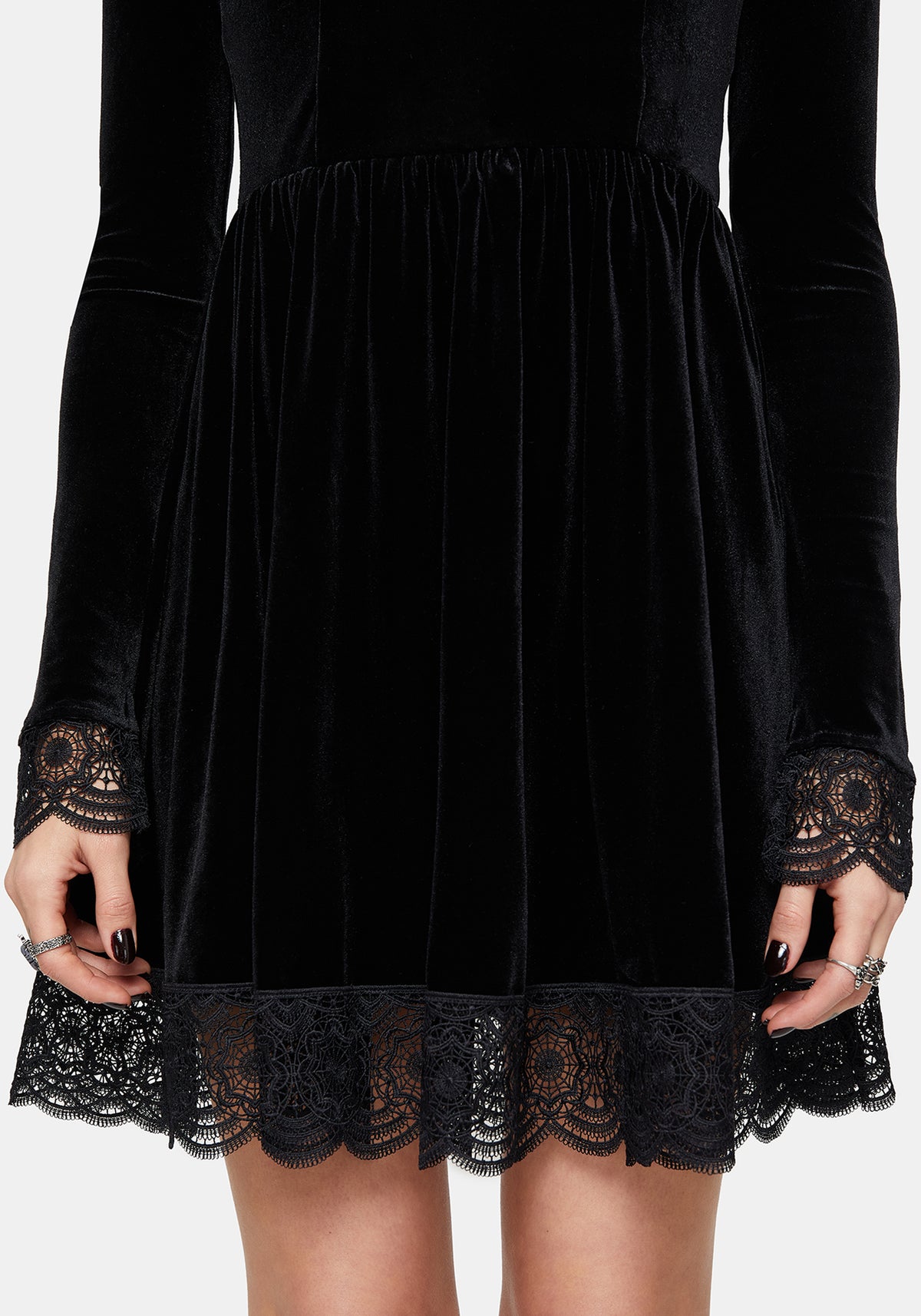 Orbweb Long Sleeve Lace Hem Velour Mini Dress UK 10
