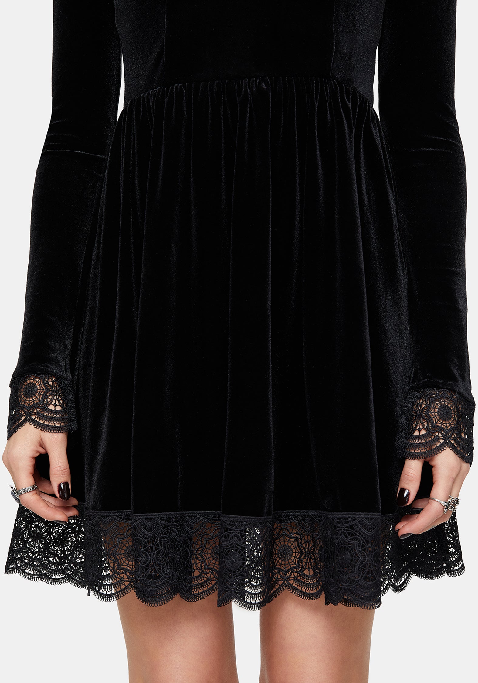 Orbweb Long Sleeve Lace Hem Velour Mini Dress UK 10