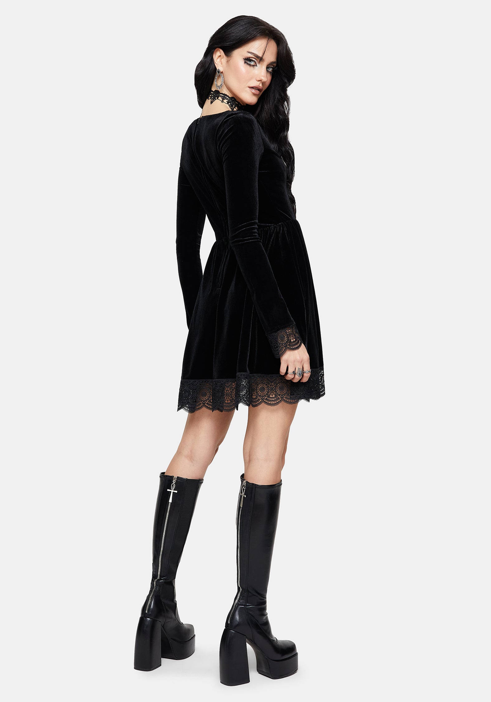 Orbweb Long Sleeve Lace Hem Velour Mini Dress UK 10