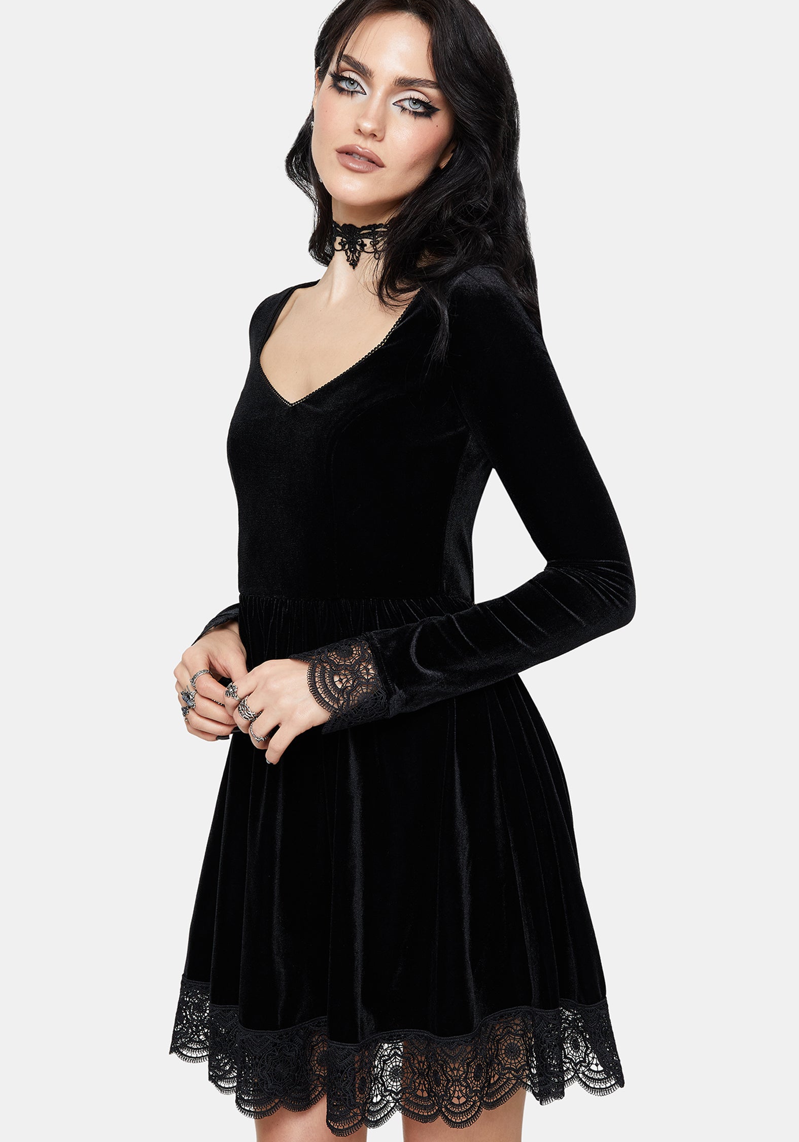 Orbweb Long Sleeve Lace Hem Velour Mini Dress UK 10