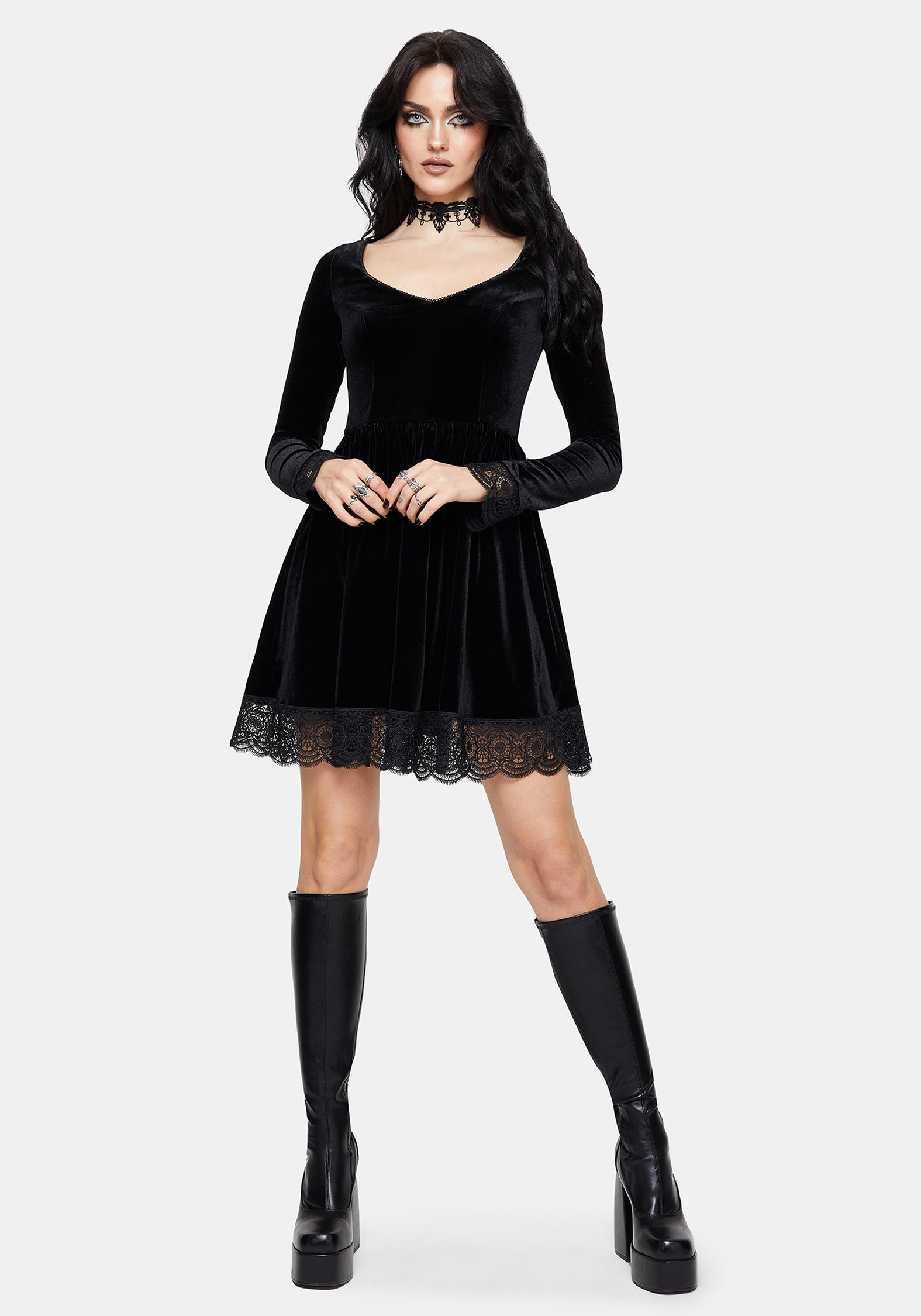 Orbweb Long Sleeve Lace Hem Velour Mini Dress UK 10