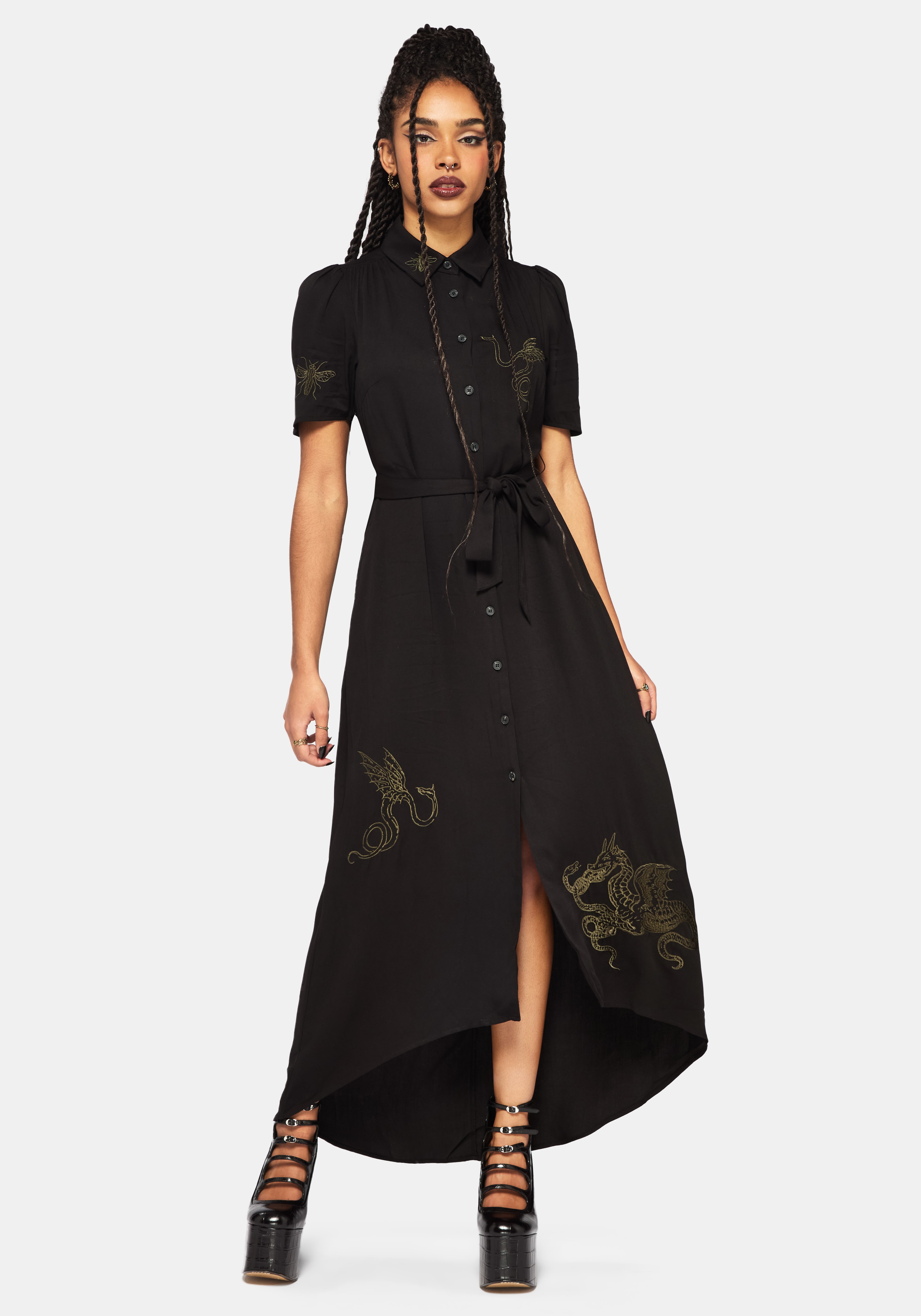 Isara Dragon Embroidered High Low Midaxi Shirt Dress – Disturbia