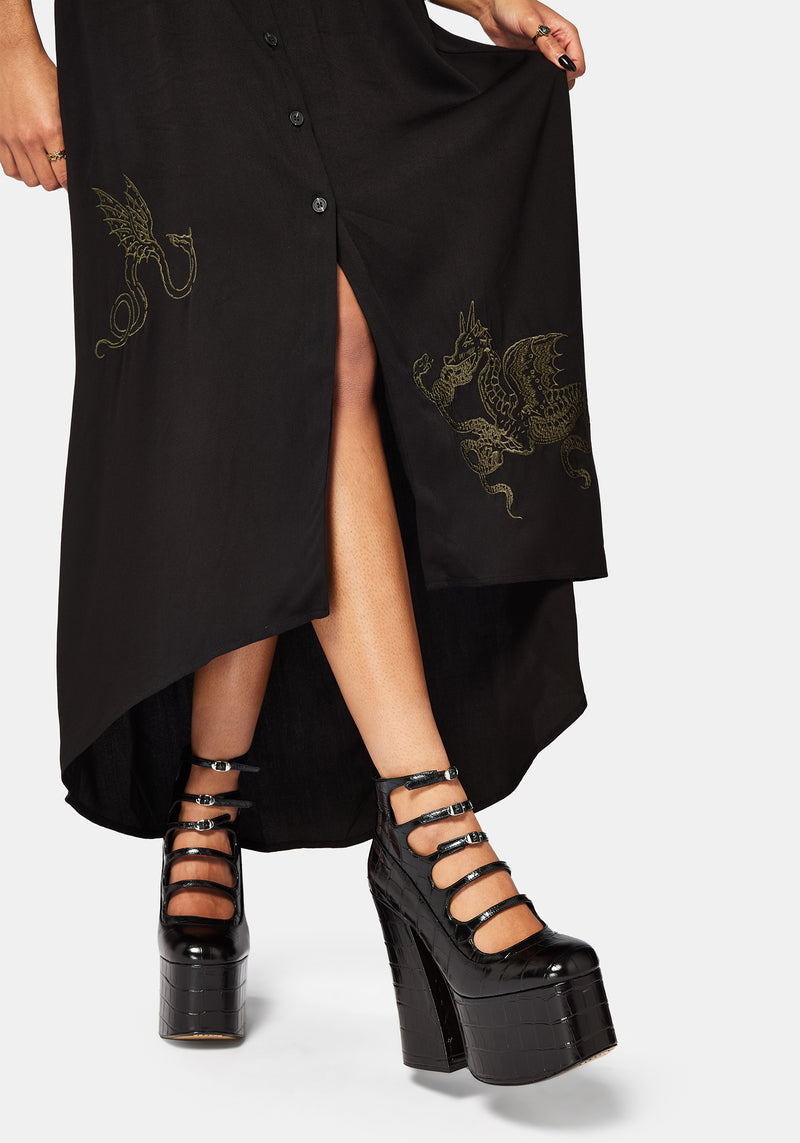 Isara Dragon Embroidered High Low Midaxi Shirt Dress