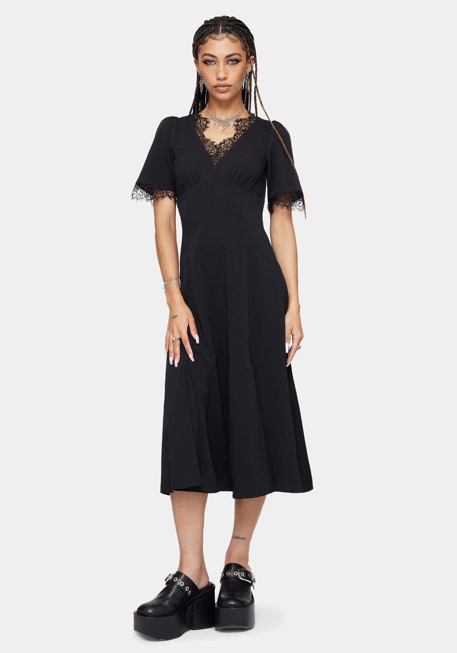 Altha Lace Back V Neck Midi Dress