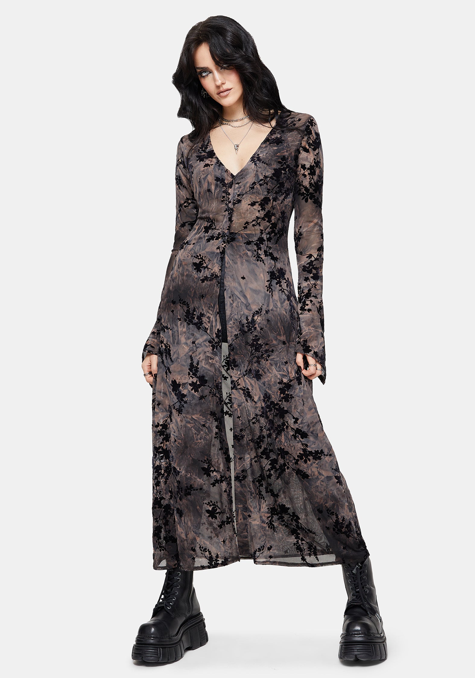 Monroe Flocked Mesh Long Sleeve Midaxi Overdress UK 10