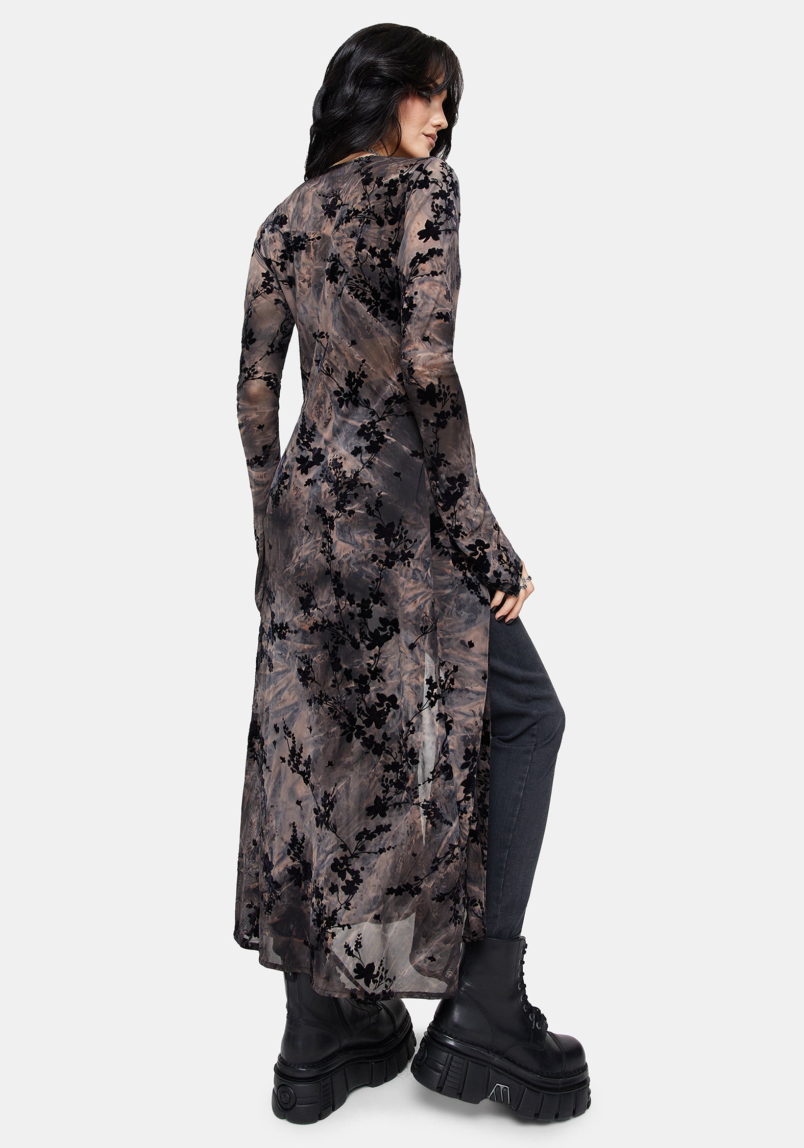Monroe Flocked Mesh Long Sleeve Midaxi Overdress UK 10