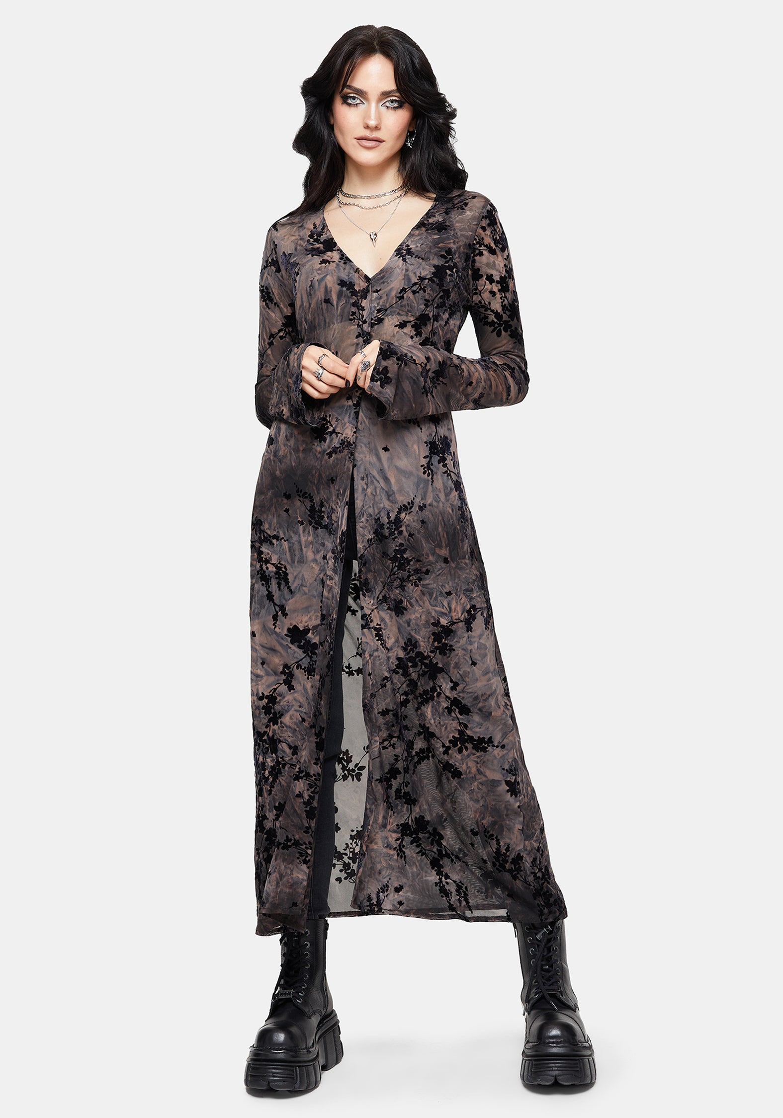 Monroe Flocked Mesh Long Sleeve Midaxi Overdress UK 10