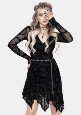 Paleo Flocked Mesh Skeletal Snake Asymmetric Hanky Hem Mini Dress