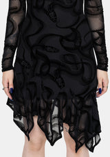 Paleo Flocked Mesh Skeletal Snake Asymmetric Hanky Hem Mini Dress