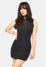 Despair Cotton Embroidered Acid Wash Ribbed Mini Dress