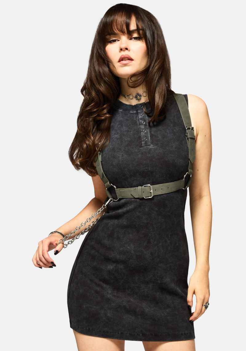 Despair Cotton Embroidered Acid Wash Ribbed Mini Dress