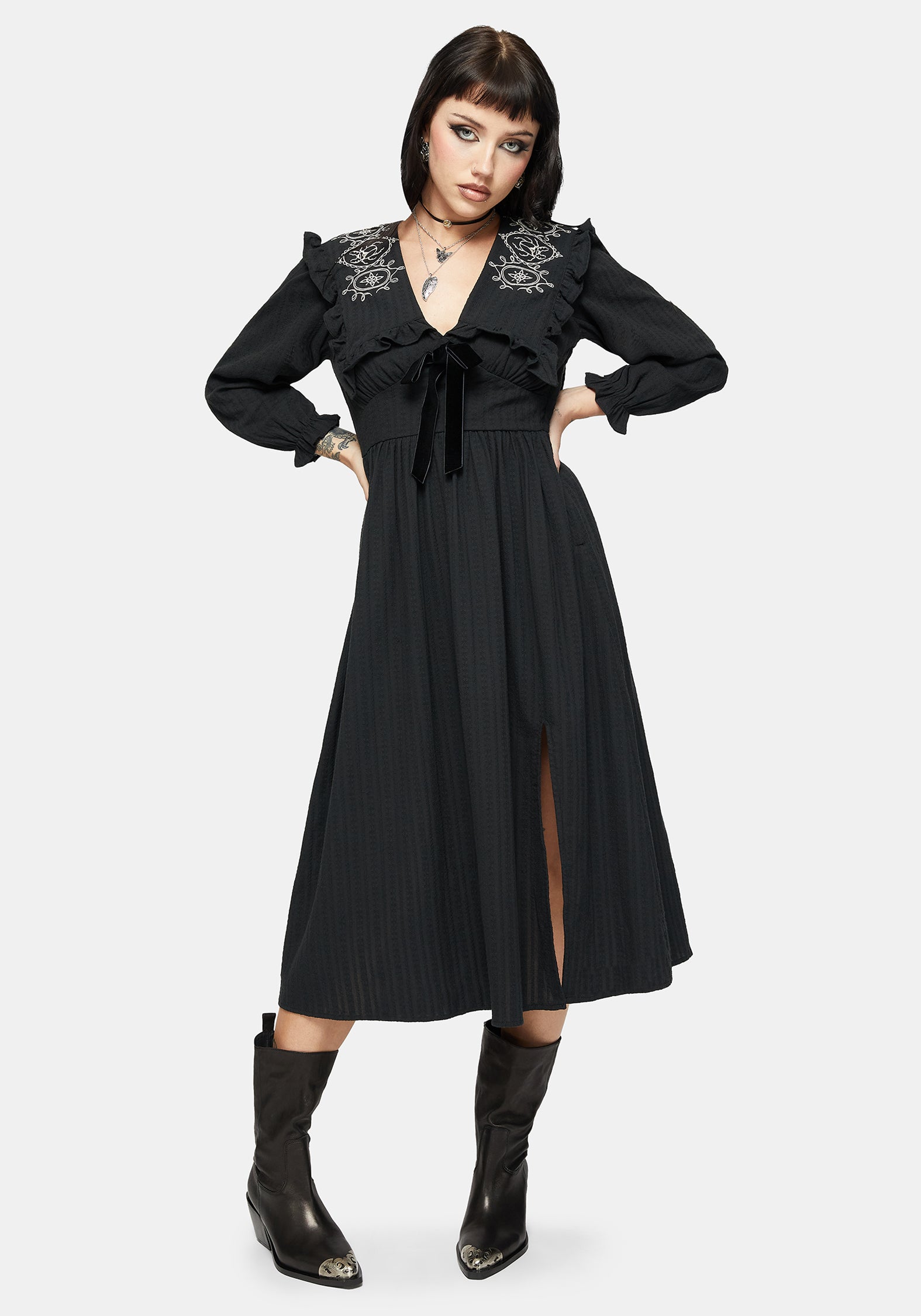Alira Bug Embroidered Collar Cotton Midi Dress