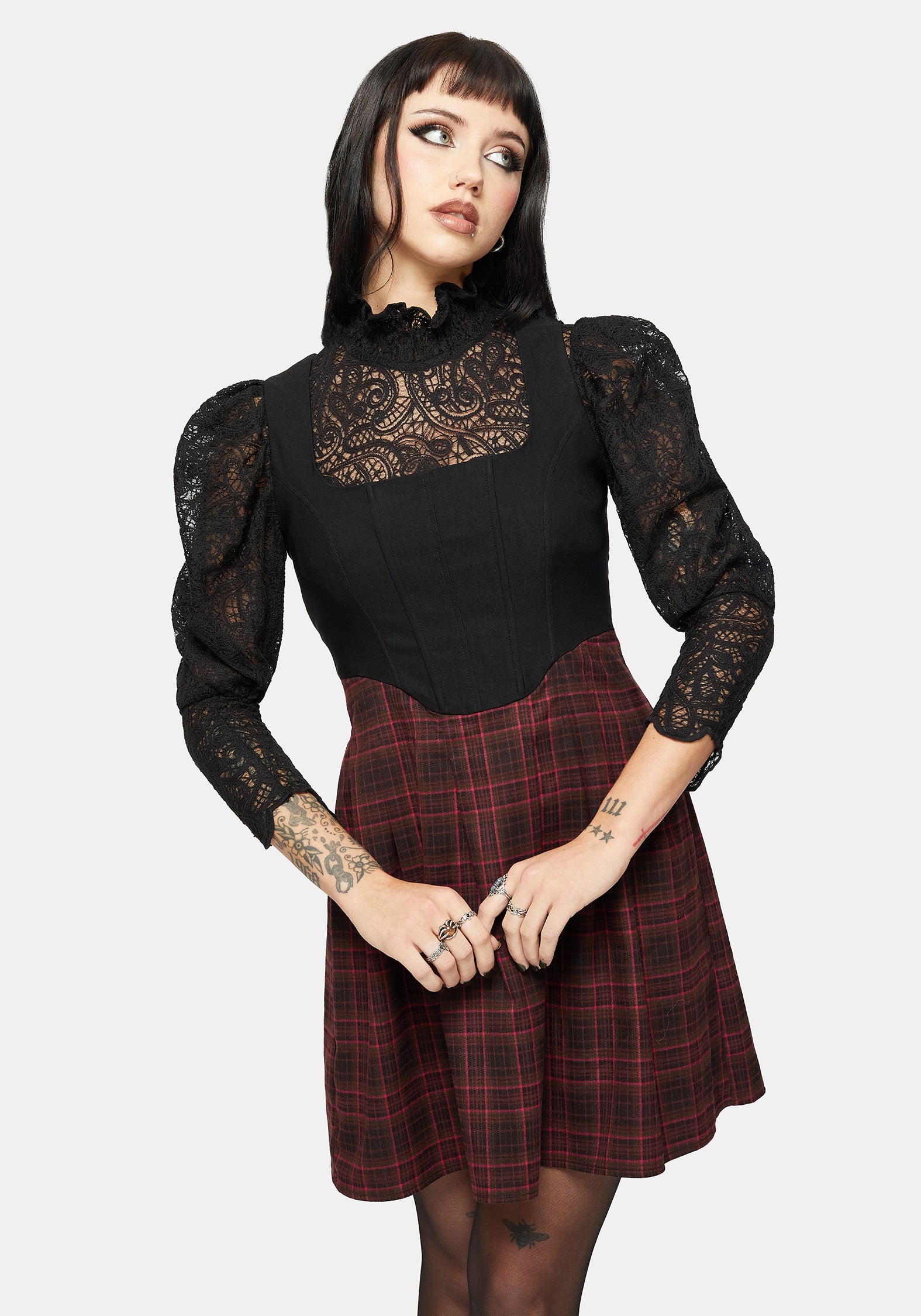 Bonnie Mixed Corset Check Pleated Mini Dress