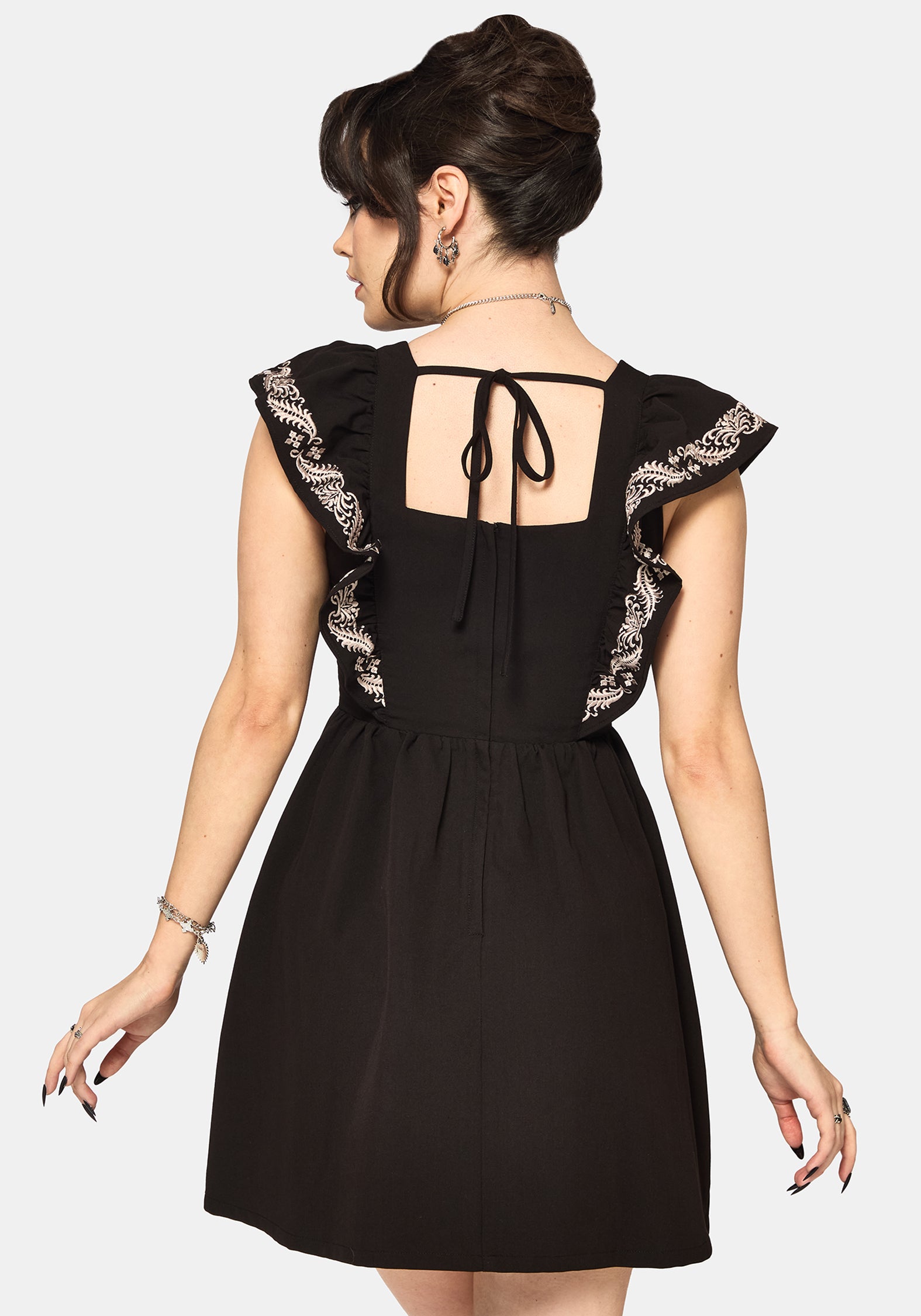 Bladeborn Embroidered Ruffle Front Mini Dress