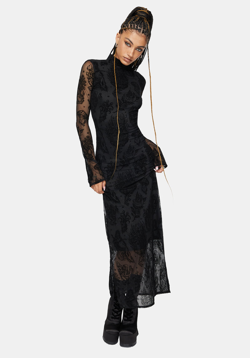 Hexborn Baba Yaga High Neck Flocked Long Sleeve Mesh Maxi Dress