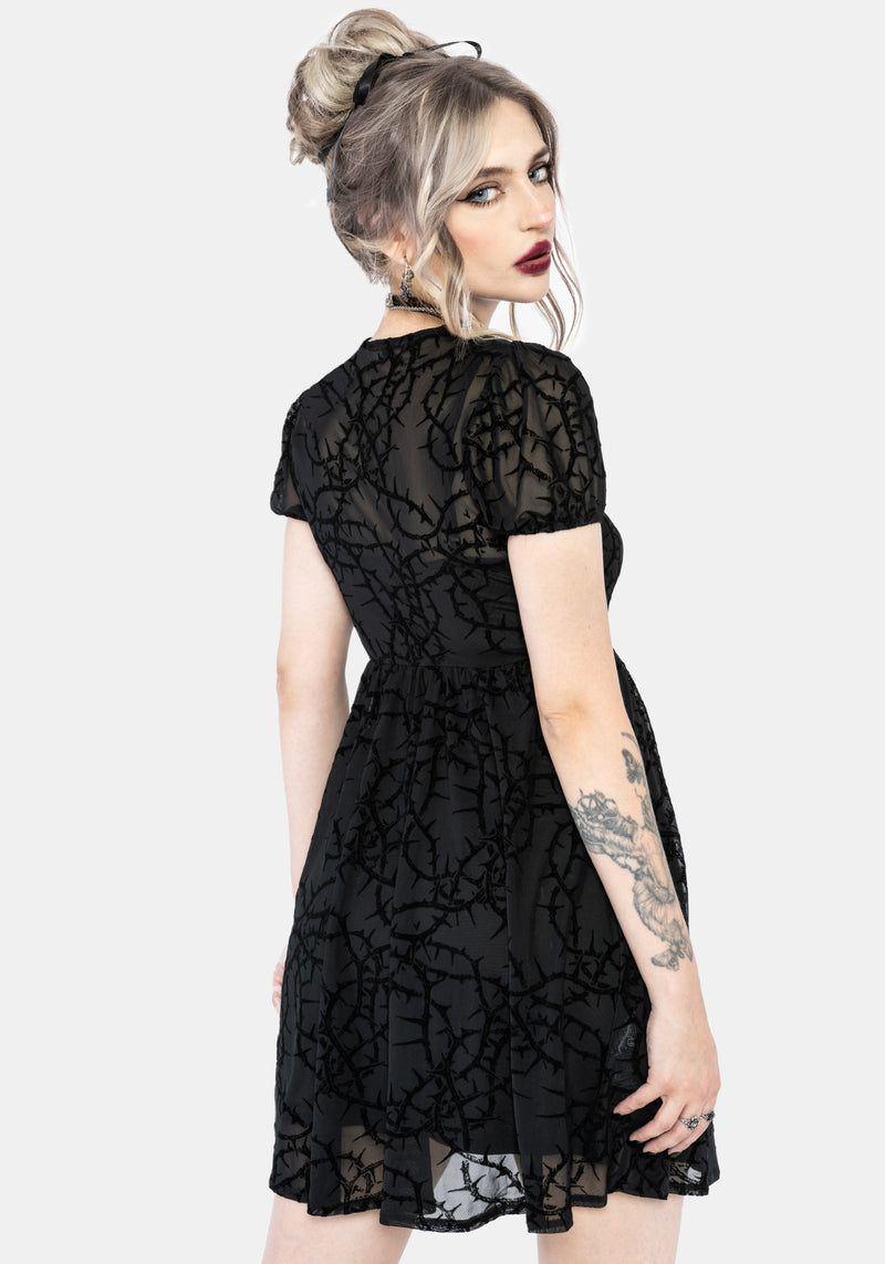 Prickle Thorn Print Mesh Puff Sleeve Mini Dress - Black
