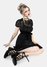 Prickle Thorn Print Mesh Puff Sleeve Mini Dress - Black