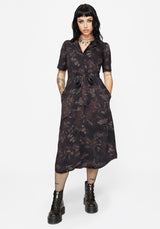 Ashmire Woodland Moth Print Midi Belted Shirt Dress