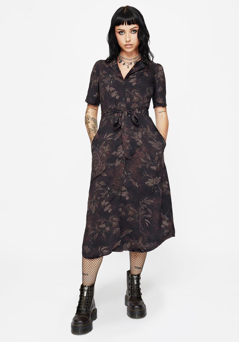 Ashmire Woodland Moth Print Midi Belted Shirt Dress